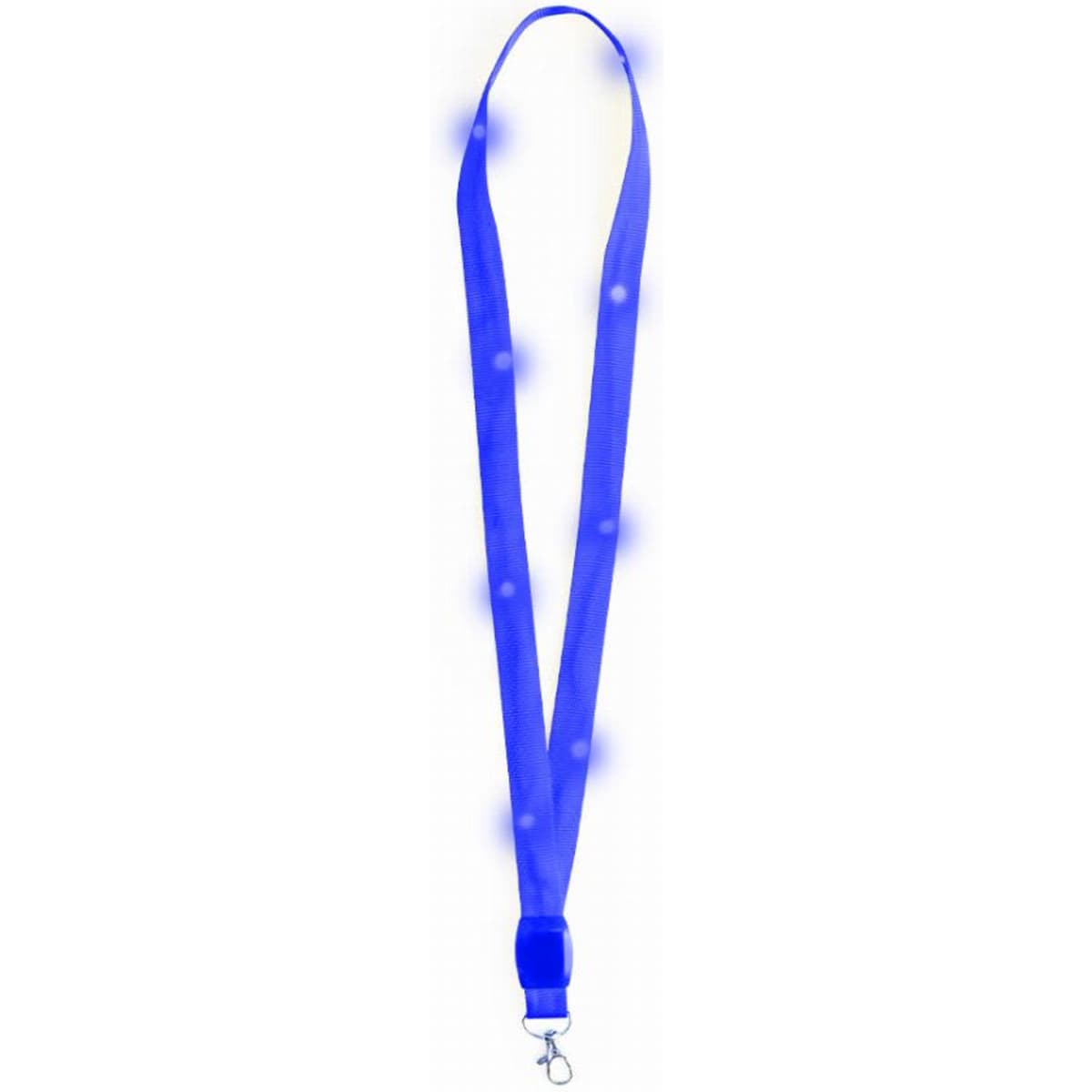 A blue lanyard with a clasp attachment, featuring a smooth strap design.