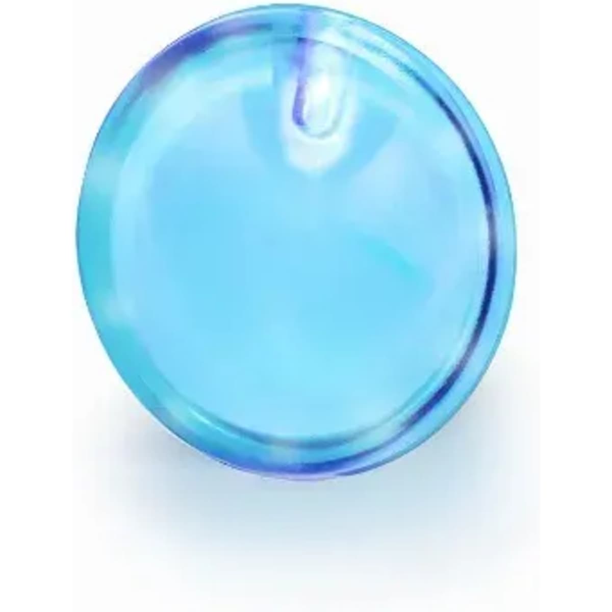 A drink bottle in a glossy light blue colour, featuring a round shape and a reflective surface. It has a logo.