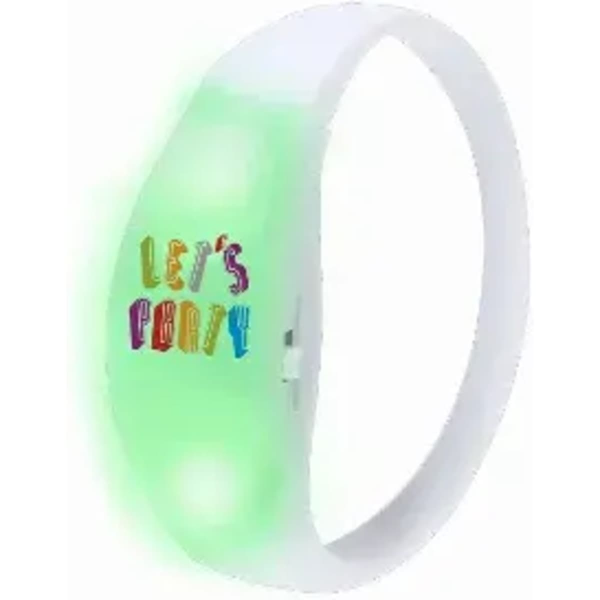 A wristband in white with a bright green glow, featuring colourful text saying "LET'S PARTY."