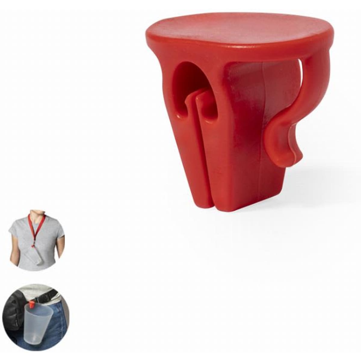 A red plastic clip with a handle, designed for attaching items to clothing or bags. Features a logo.