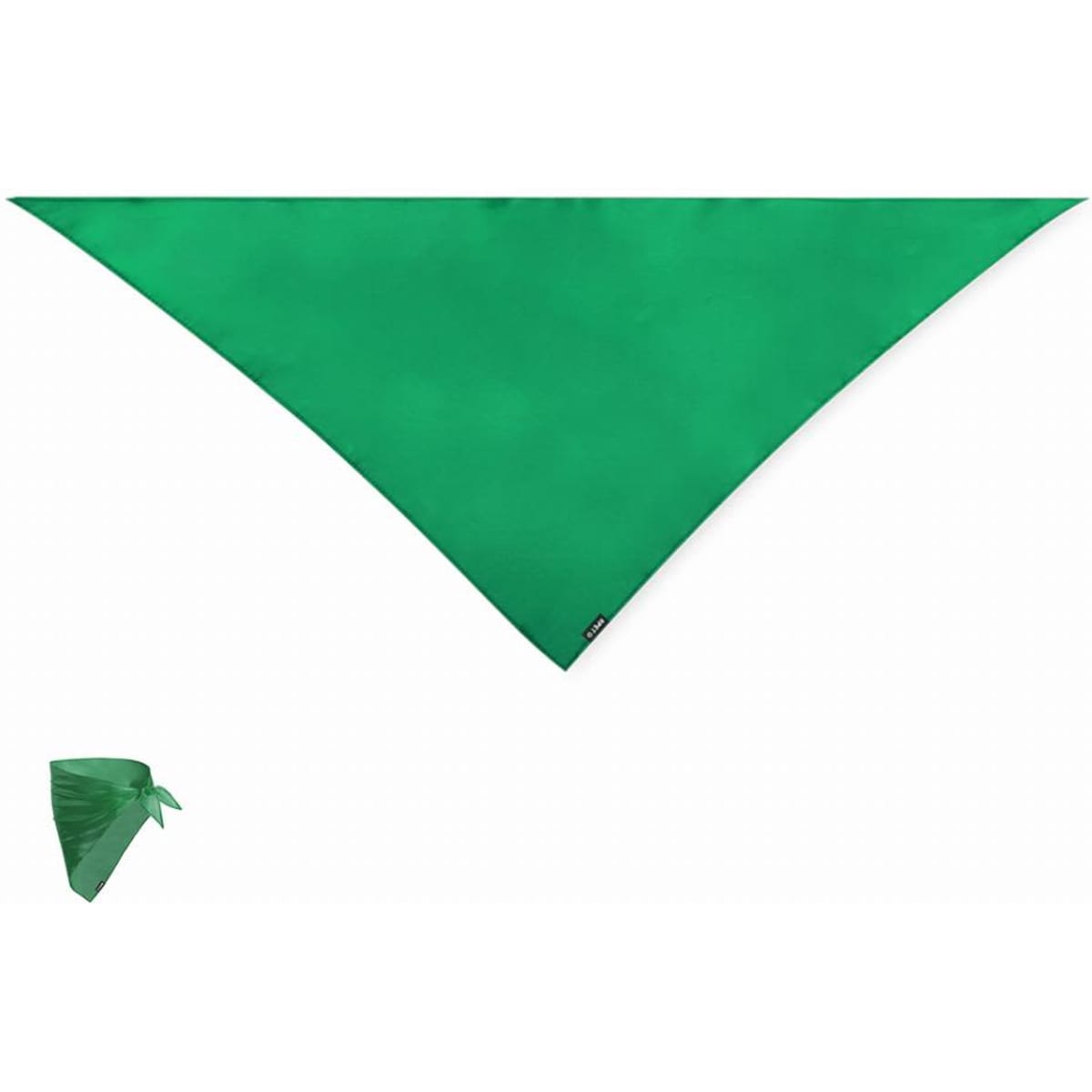 A green bandana displayed in a triangular shape, with a smaller version shown in the corner. It has a logo.
