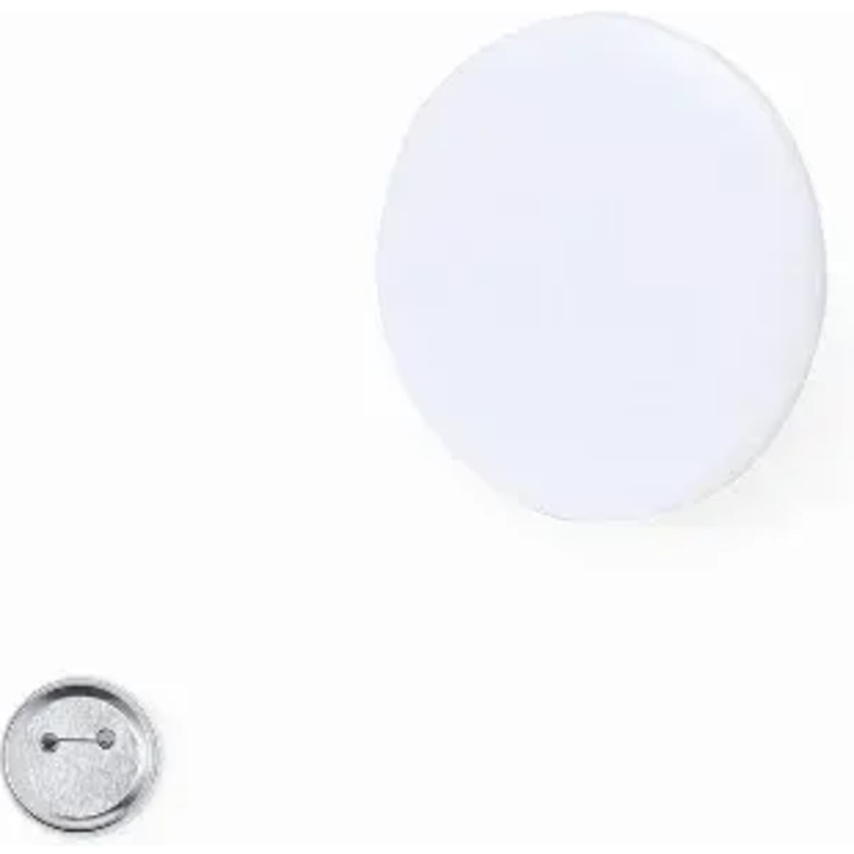 A round white button with a metal back, suitable for pinning or attaching.