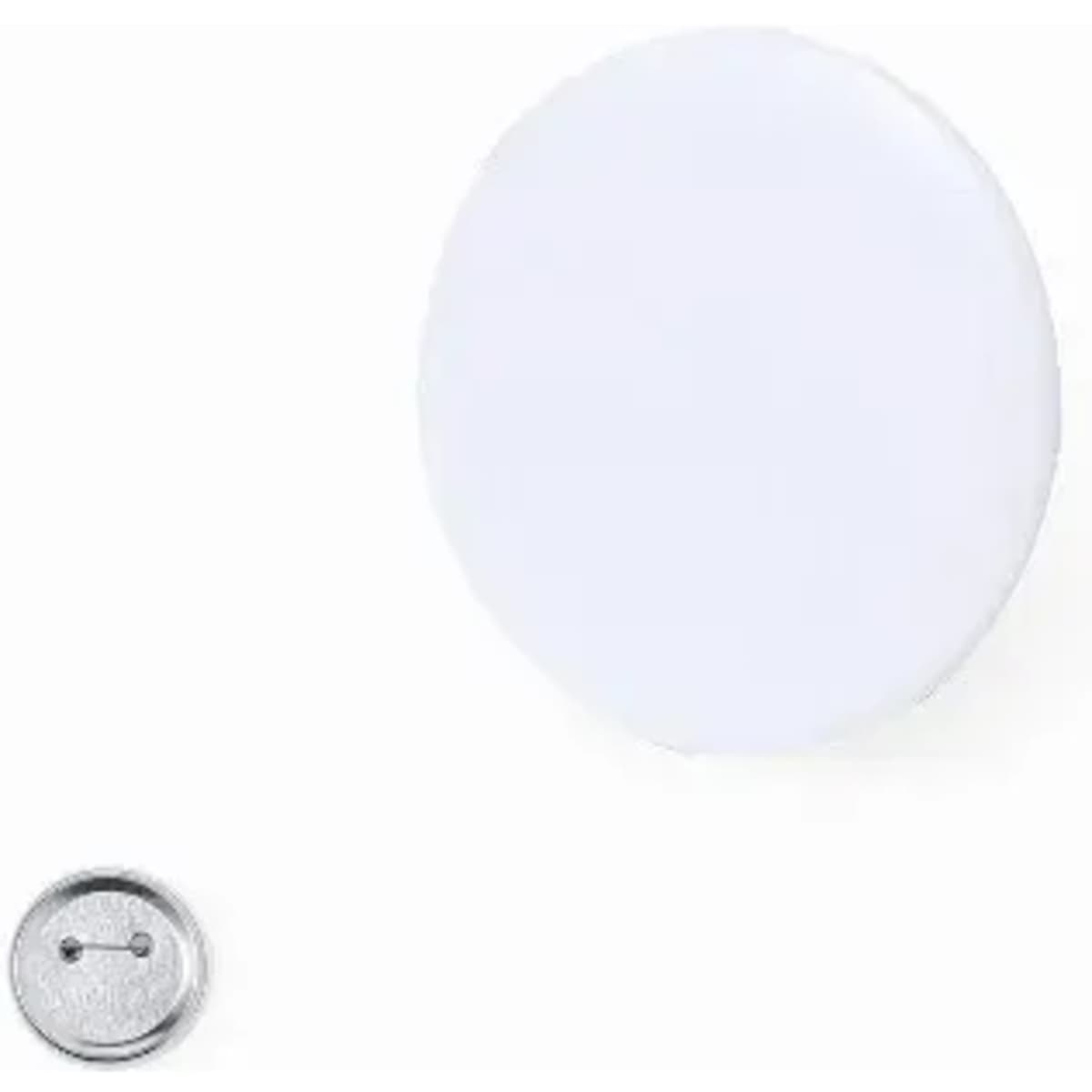 A white button badge with a silver backing. The badge has a smooth surface without any visible design.