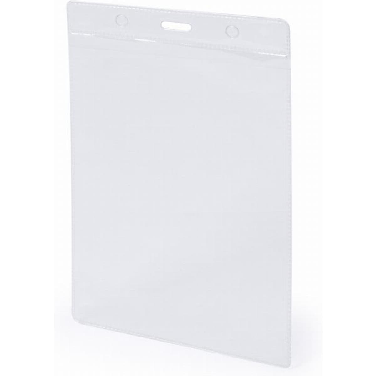 A clear, transparent document holder with a top opening and two circular holes for hanging.