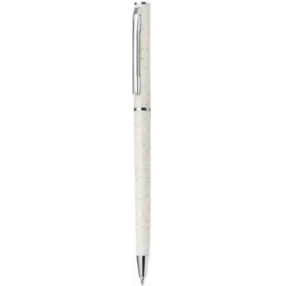 A pen with a white textured barrel and silver accents. It features a clip and a shiny silver tip.