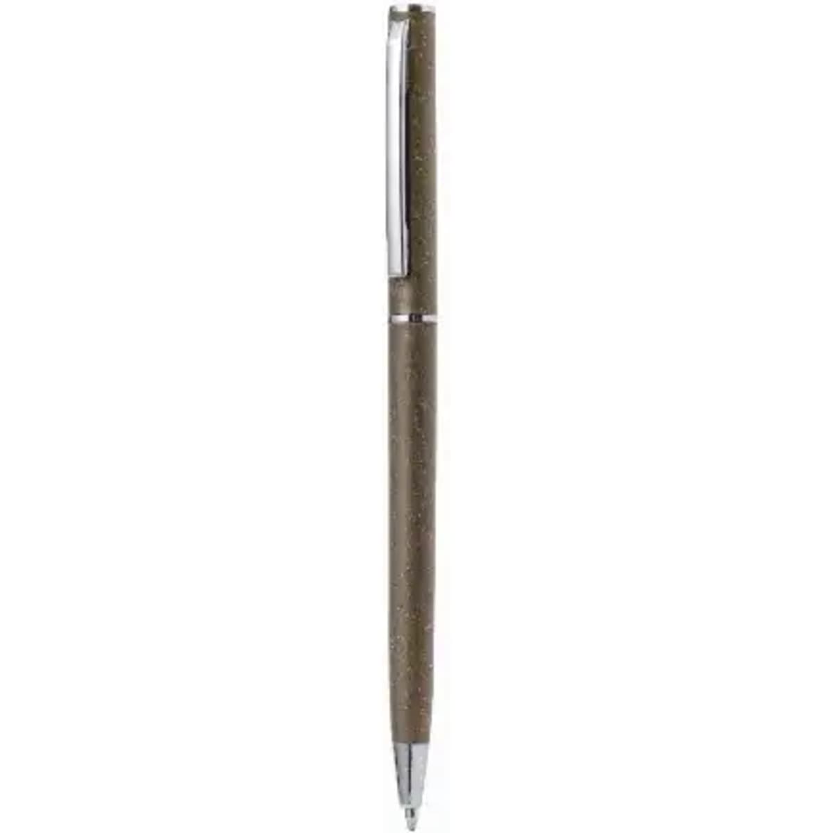 A pen with a brown textured barrel and a shiny silver clip, displaying a sleek design.