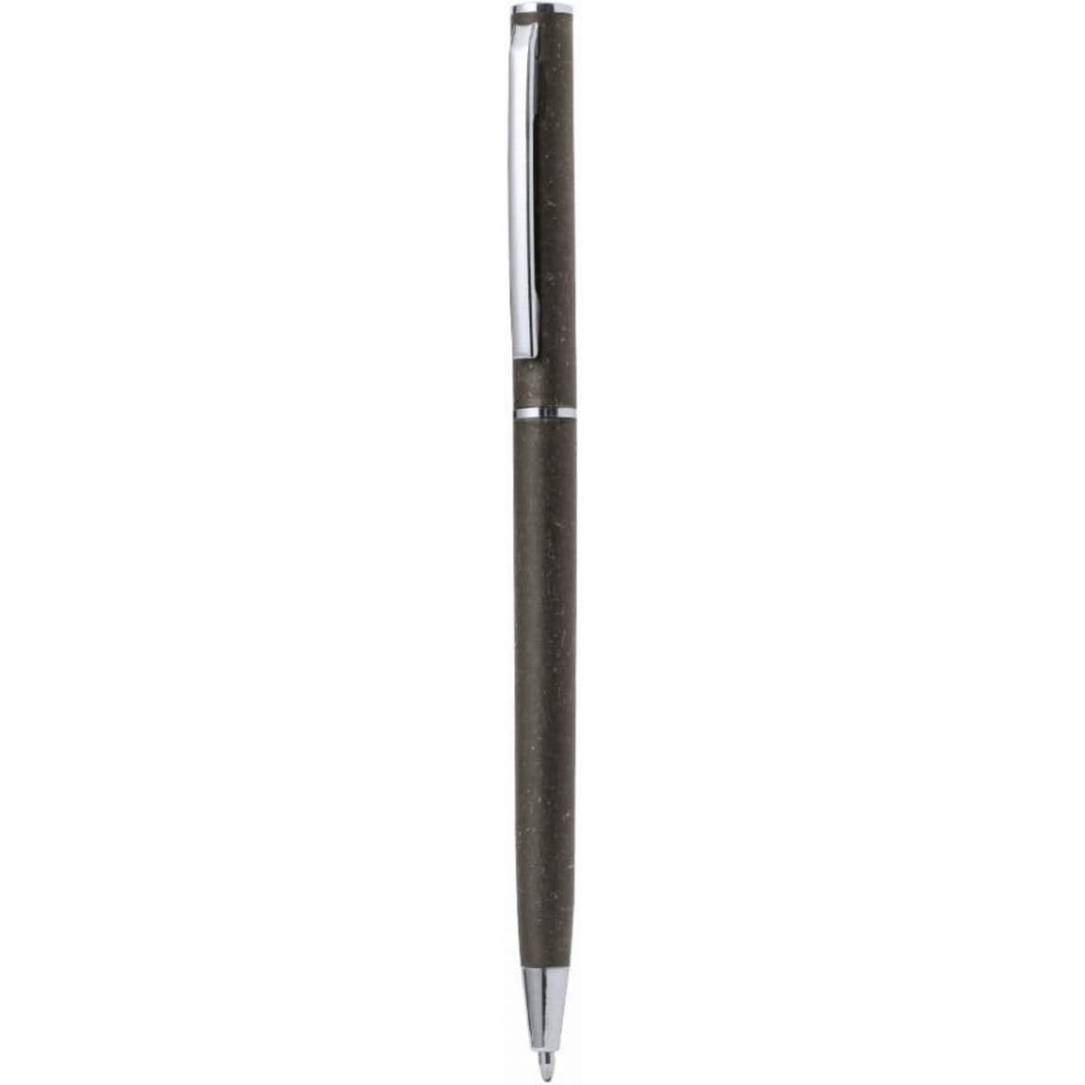 A pen with a sleek grey barrel and silver accents. It features a clip and a ballpoint tip.