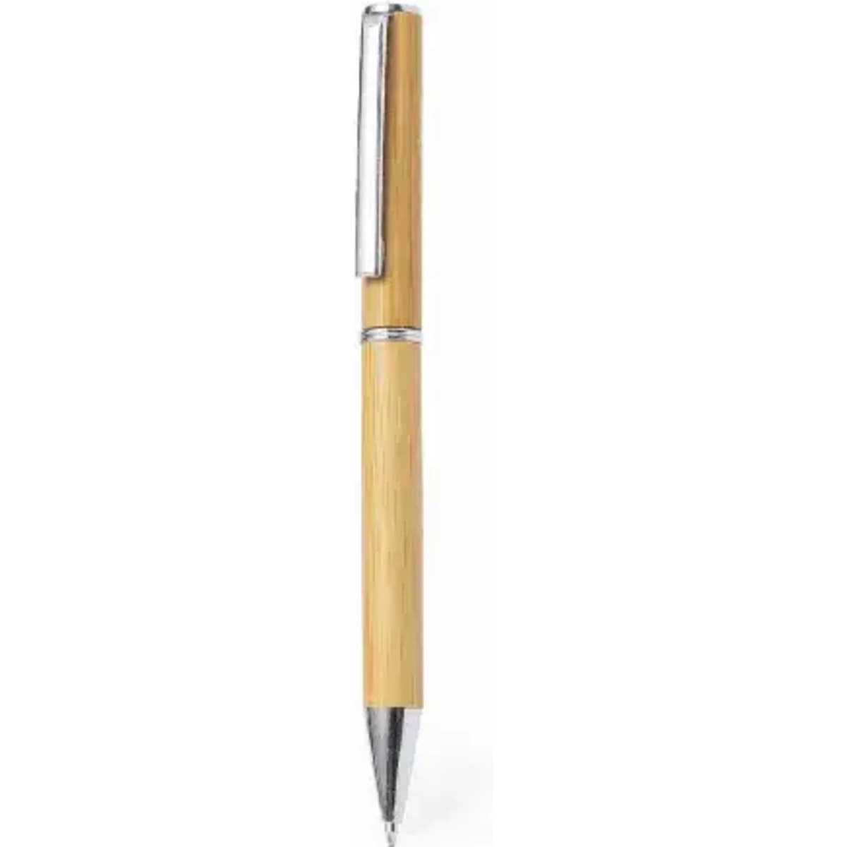 A bamboo pen with a silver clip and accents. It features a sleek, natural finish.