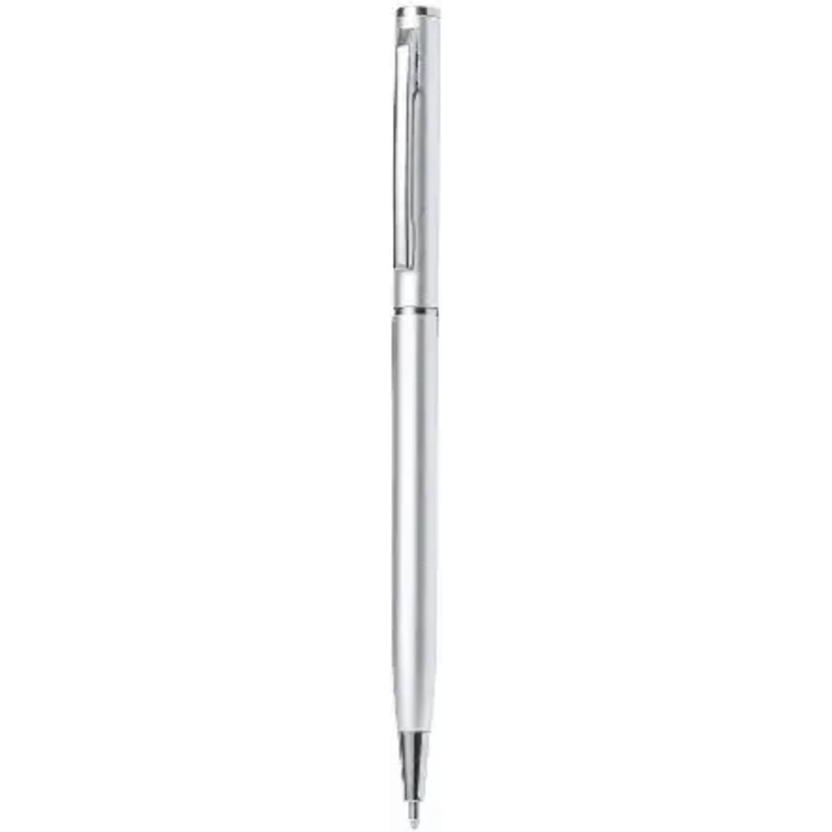 A pen in a sleek silver design, featuring a shiny finish and a clip for easy attachment.