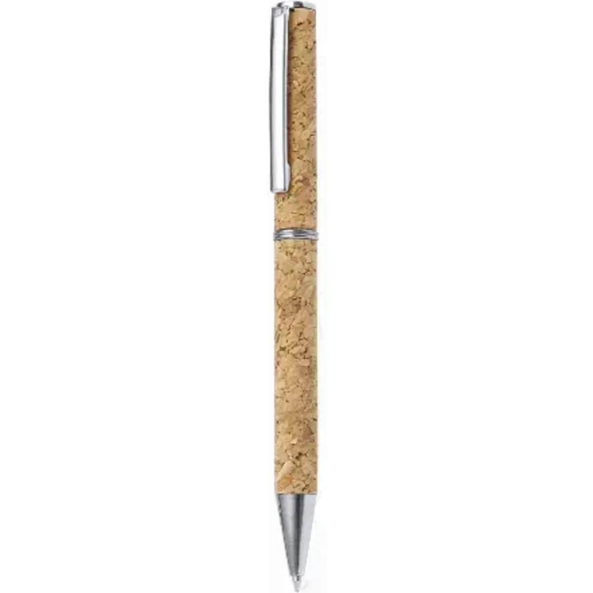 A pen with a cork barrel, silver accents, and a sleek design. It features a clip for easy attachment.