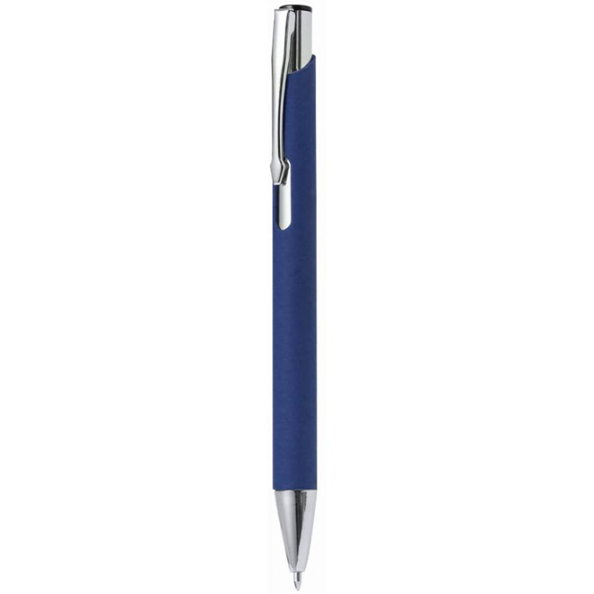 A pen with a blue rubber grip and chrome accents, featuring a sleek design and a logo on the barrel.