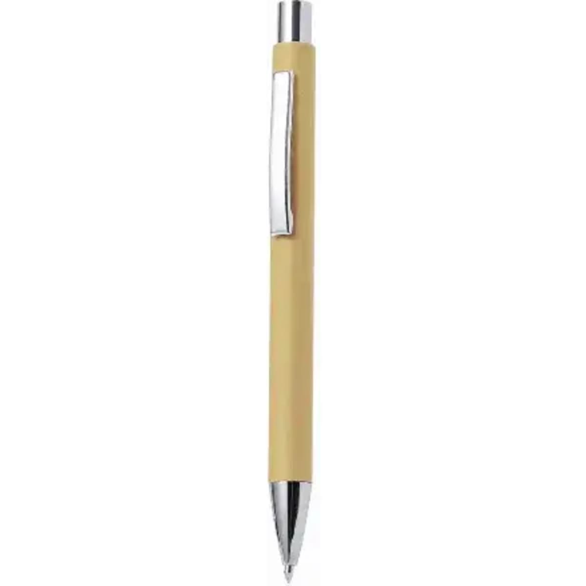 A yellow pen with a chrome clip and a shiny silver tip. The pen has a smooth, minimalist design.