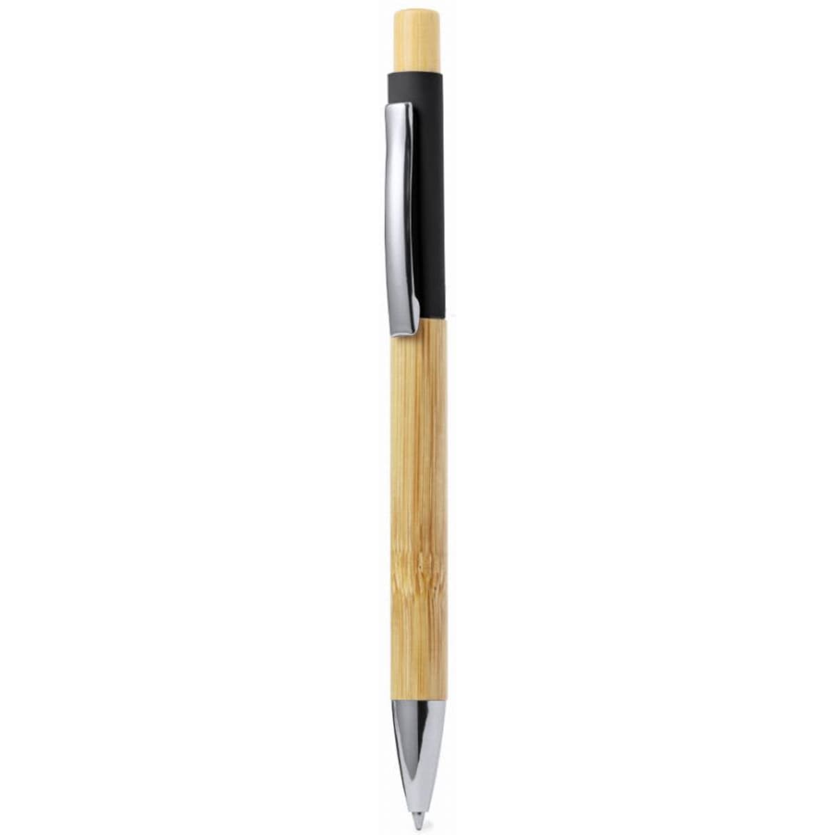 A pen with a bamboo barrel and black accents, featuring a chrome clip. It has a sleek, modern design.