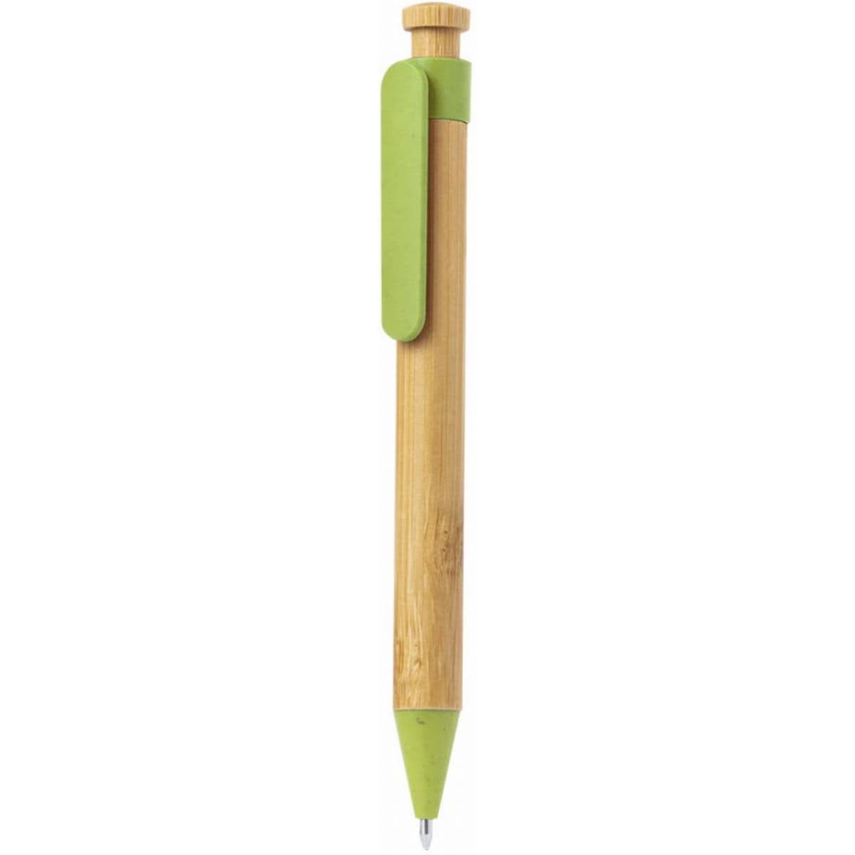 A pen with a bamboo body and a green clip, featuring a simple design and a rounded tip.
