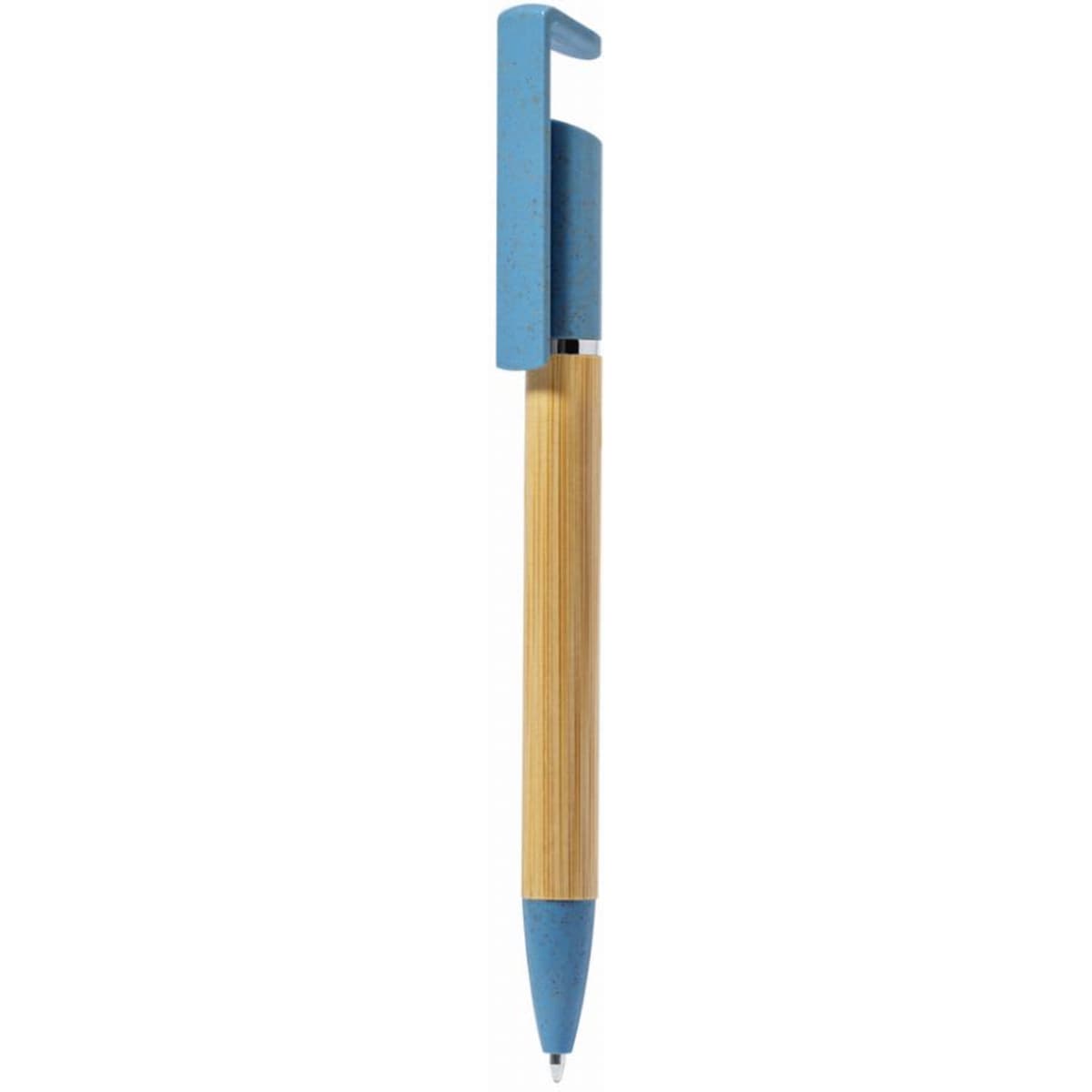 A pen with a bamboo barrel and a blue cap and tip, featuring a logo on the cap.