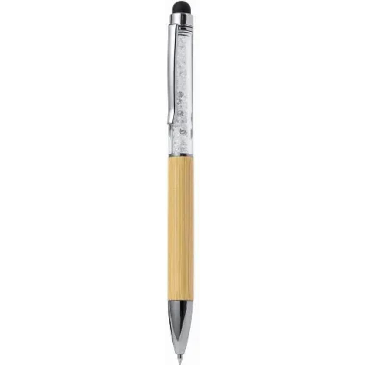 A pen with a bamboo barrel, silver accents, and a black rubber stylus tip. It features a shiny chrome clip.