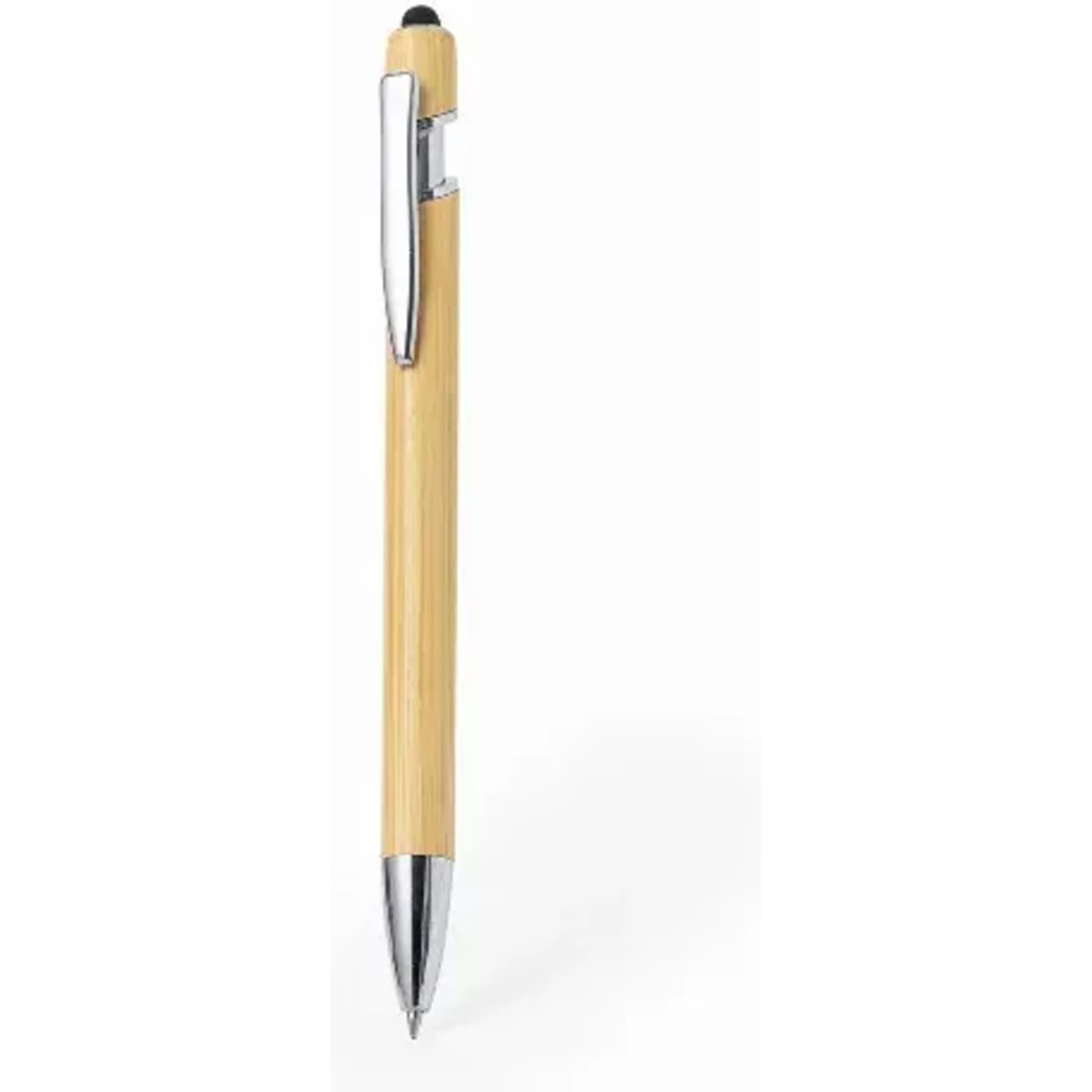 A bamboo pen with a chrome clip and tip, featuring a sleek design. It has a smooth, natural finish.
