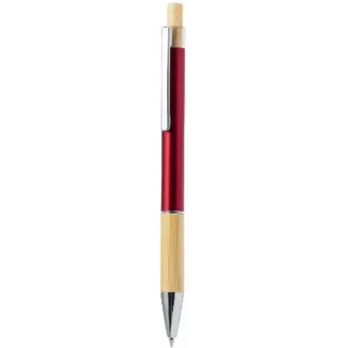A pen with a red metal body and a bamboo lower section, featuring a silver clip and a chrome tip.