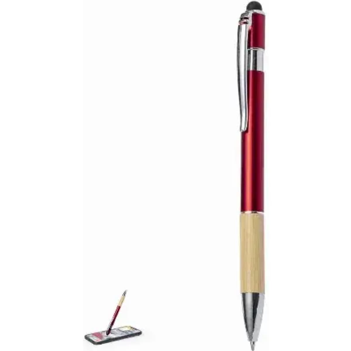 A red and silver pen with a bamboo grip, alongside a small notepad and pencil. The pen features a logo.