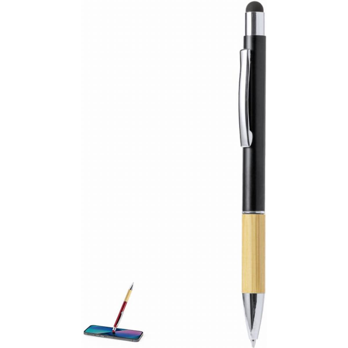 A pen with a black barrel, silver clip, and a bamboo accent, featuring a stylus tip on one end.