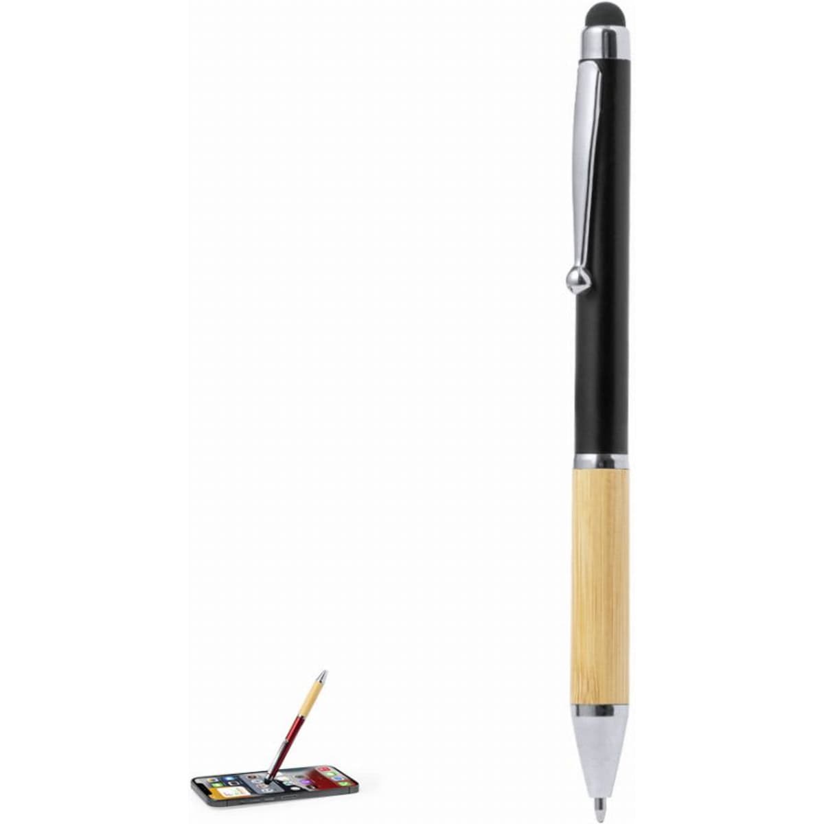 A black and bamboo pen with a clip and a stylus tip, positioned beside an ink refill and a small palette.