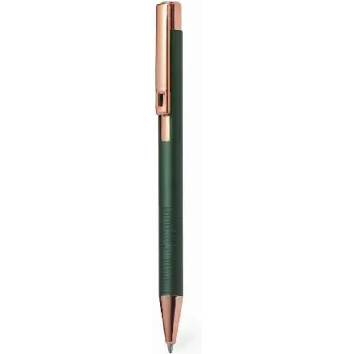 A green pen with a rose gold clip and tip, featuring a textured grip and a sleek design.