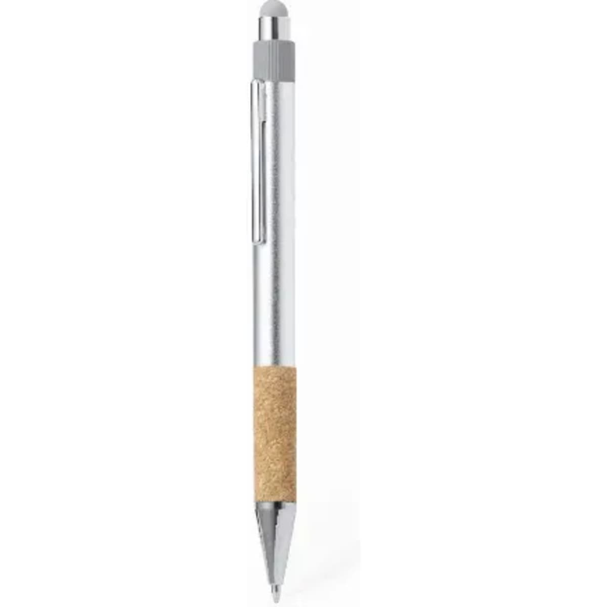 A pen with a silver body, chrome accents, and a cork grip. It features a logo on the barrel.