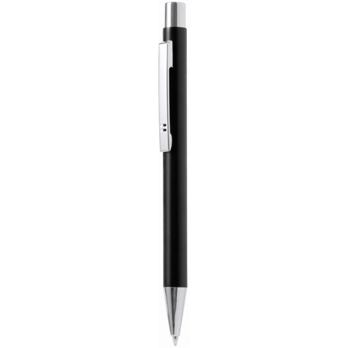 A black pen with a silver clip and tip, featuring a sleek and minimalist design.