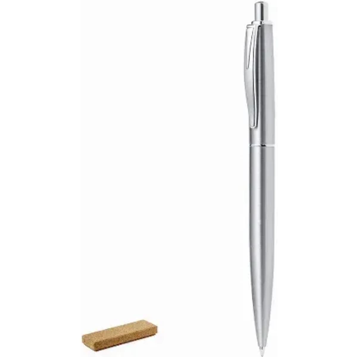 A silver pen positioned next to a small rectangular piece of cork, featuring a simple design with a clip.