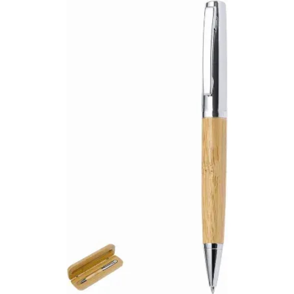 A pen with a bamboo barrel and silver accents, accompanied by a matching bamboo clip.