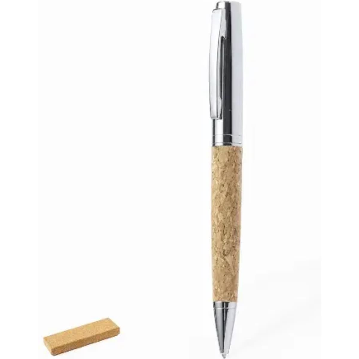 A pen with a cork body and metallic accents, alongside a small cork piece.