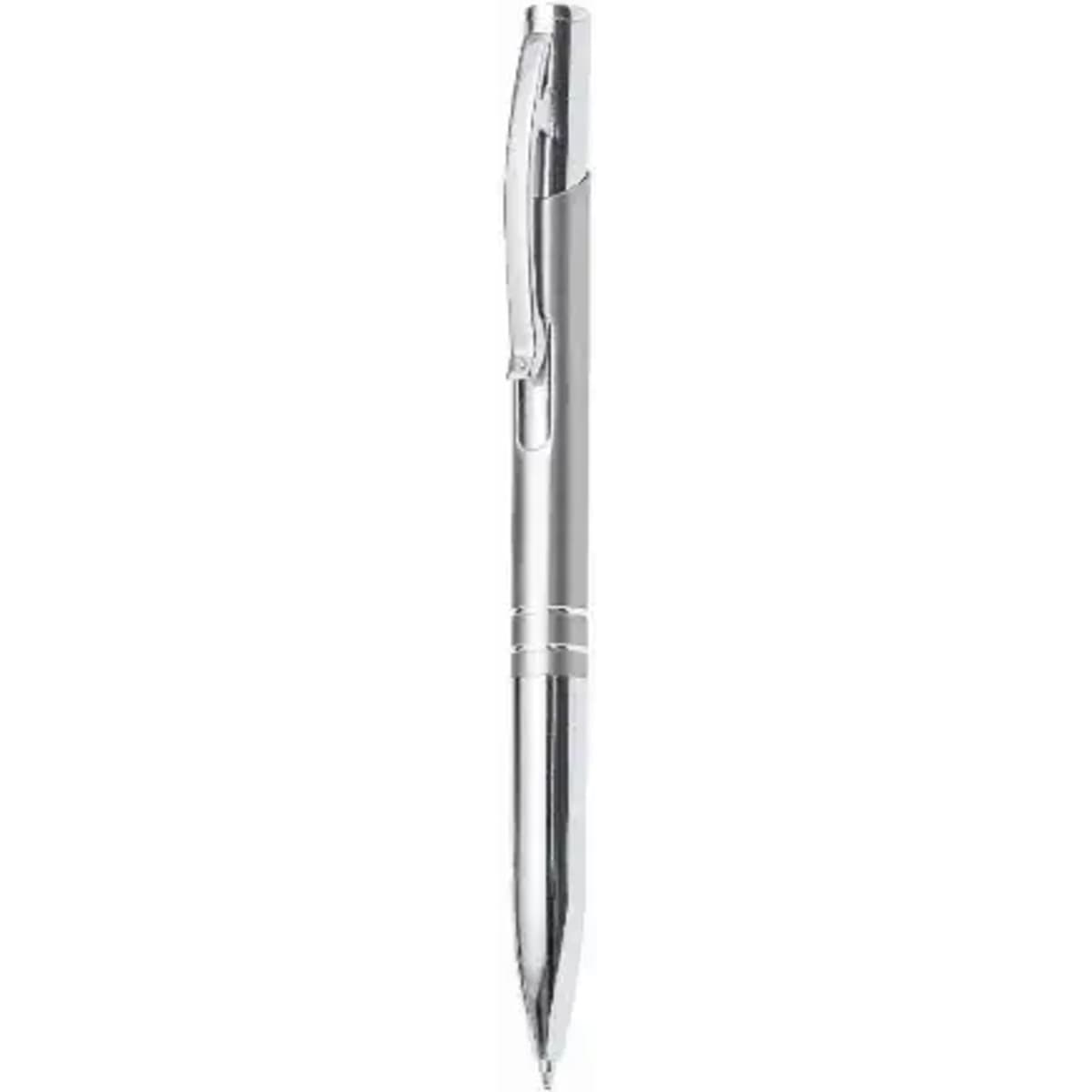 A silver pen with a smooth barrel and a clear clip, featuring a sleek design and a brand logo.