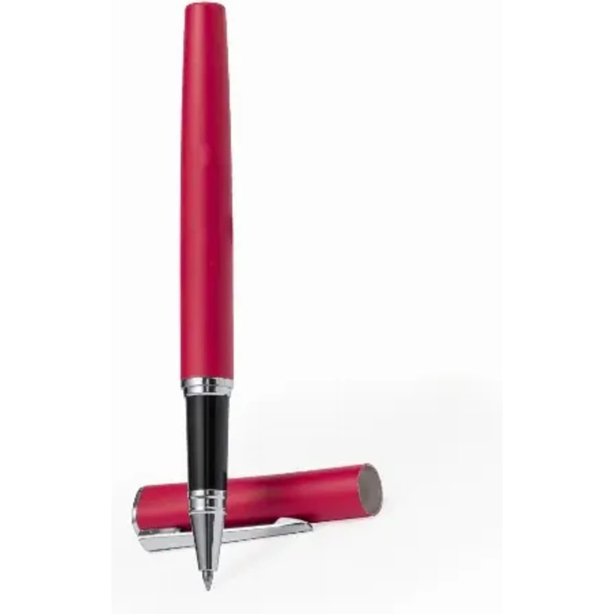 A red pen with a glossy finish, featuring a silver clip and a capped tip. It includes a logo on the barrel.