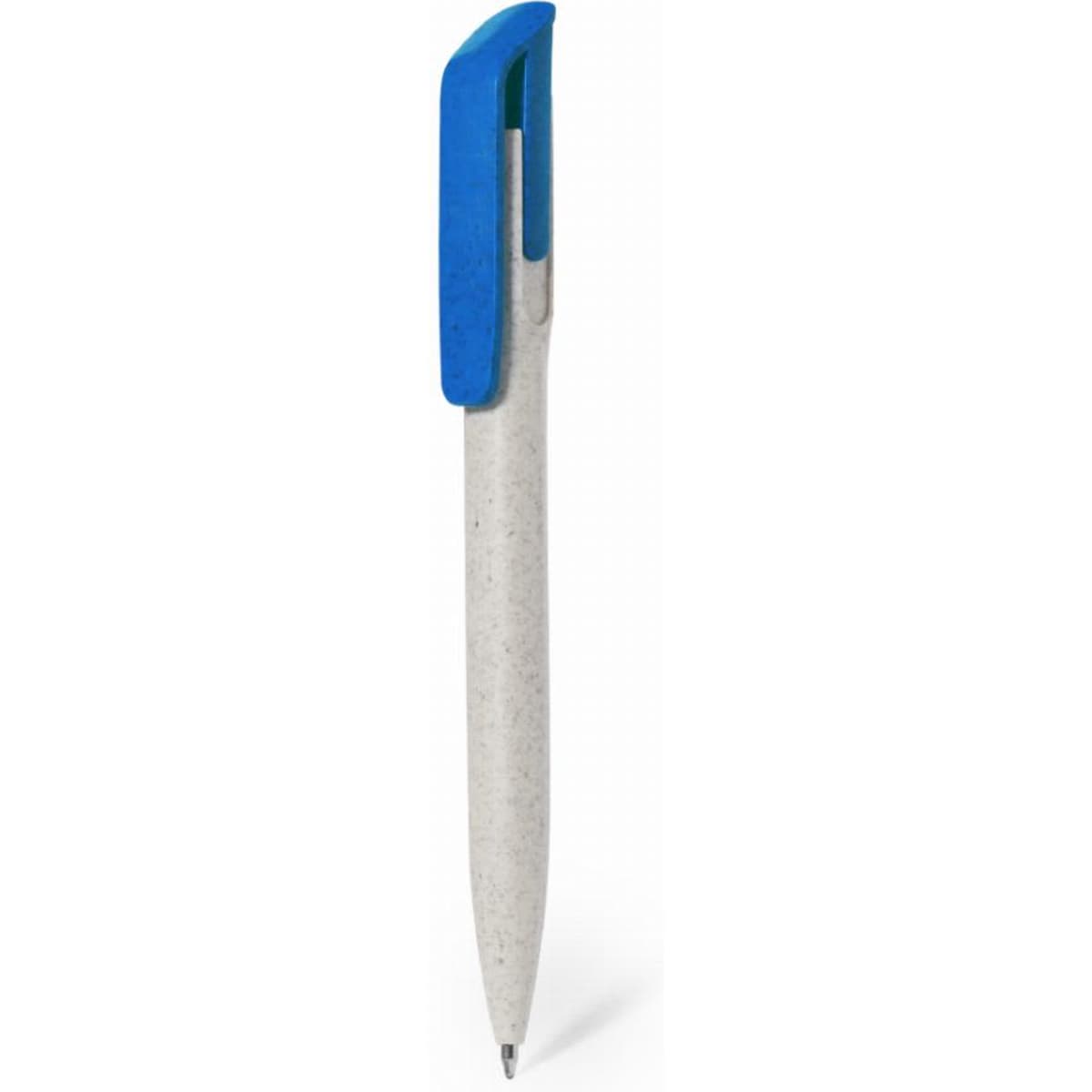 A pen with a blue clip and a light grey body, featuring a logo on its side.