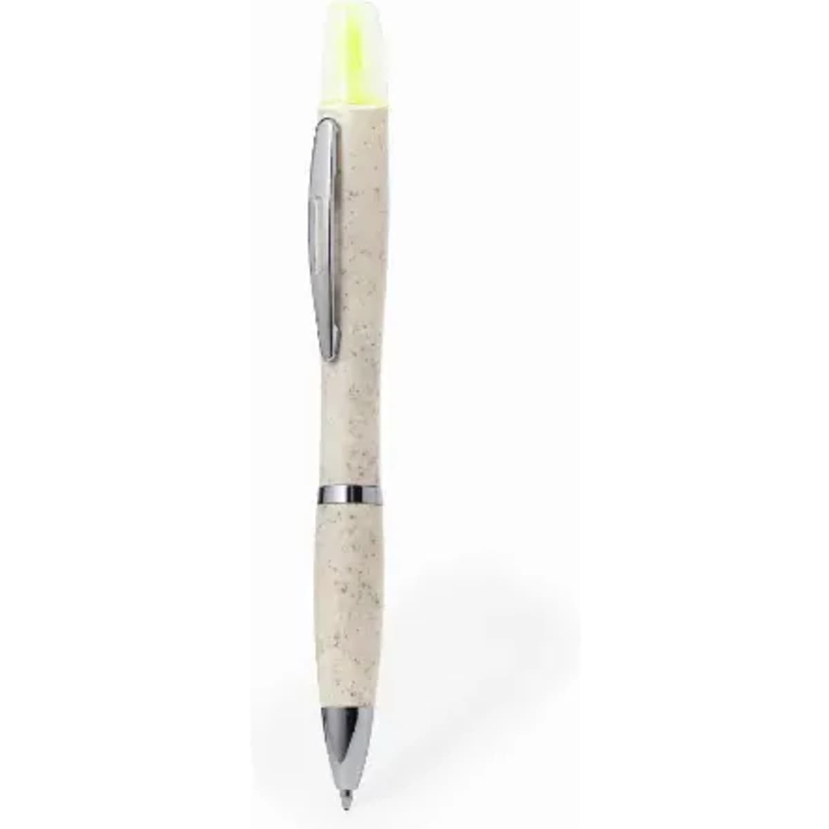 A pen with a cream-coloured barrel, silver accents, and a bright yellow highlighter tip. It features a logo.