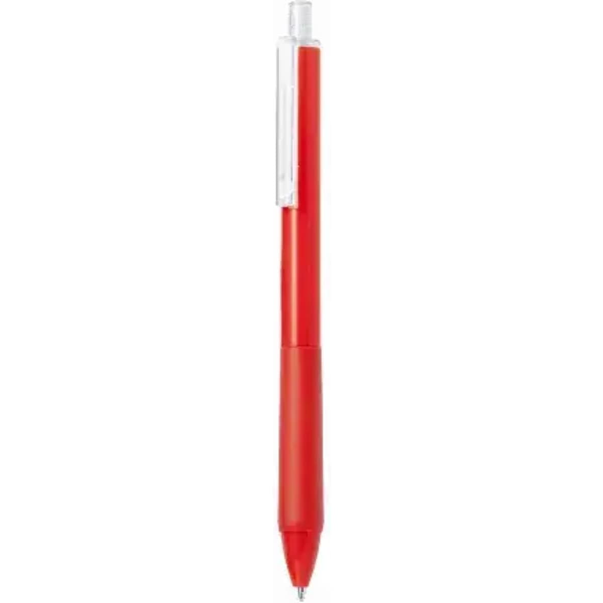 A red pen with a clear clip, featuring a smooth barrel design. It has a silver tip for writing.