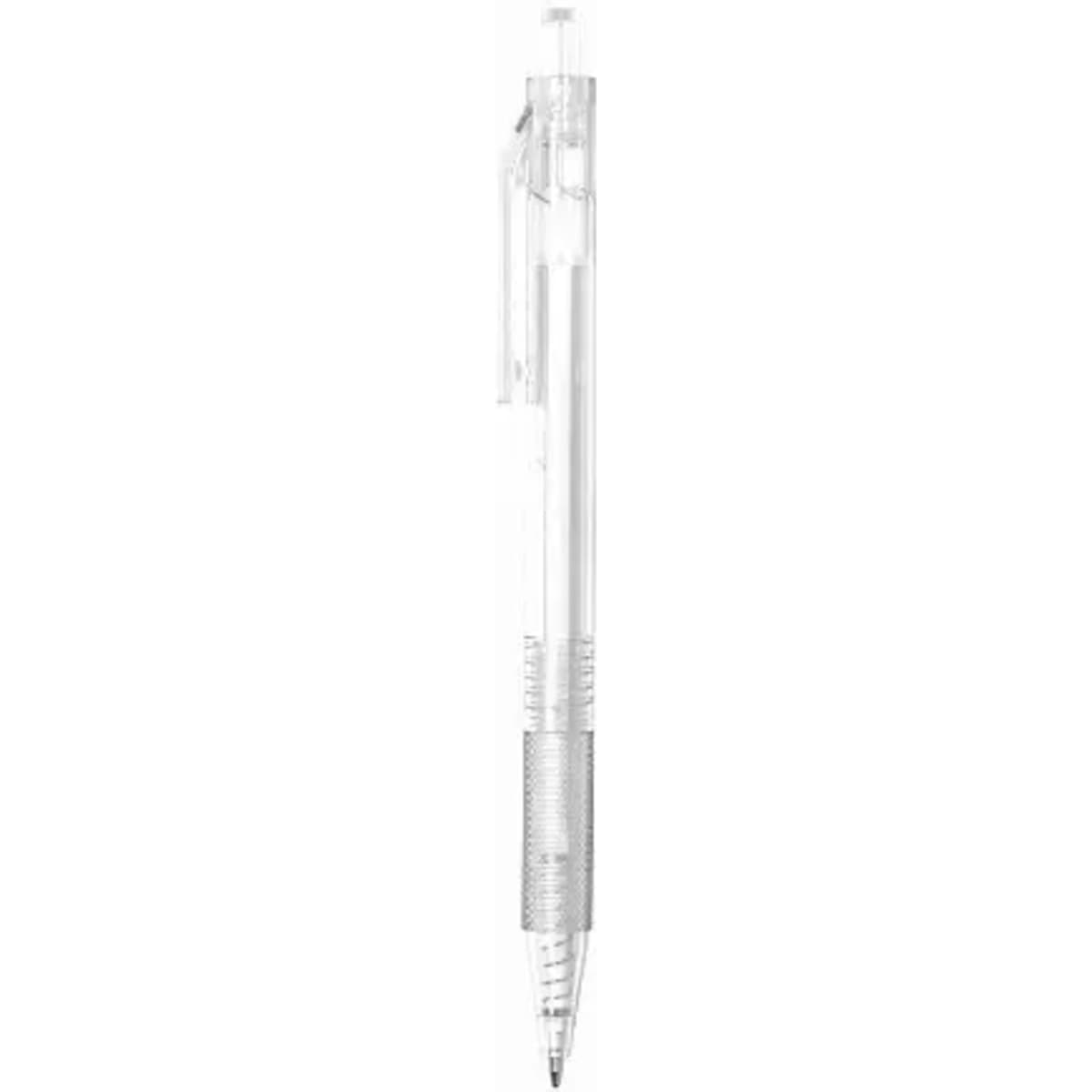 A clear ballpoint pen with a silver grip and click mechanism, featuring a transparent barrel for visibility of ink.
