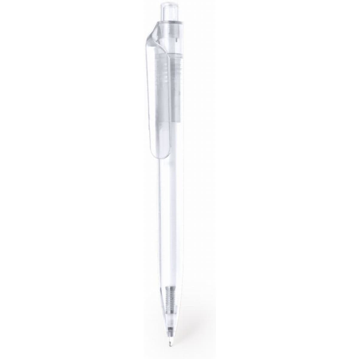 A clear ballpoint pen with a transparent barrel and clip, featuring a silver ink tip.