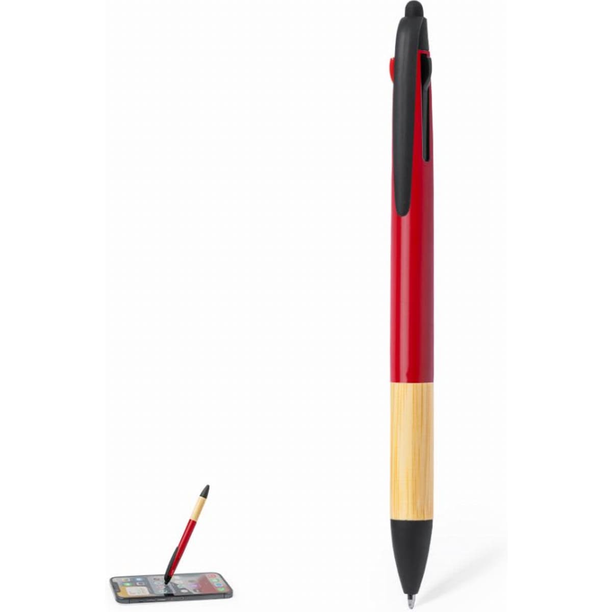 A red and black pen with a bamboo accent displayed alongside a smartphone in a promotional setting.
