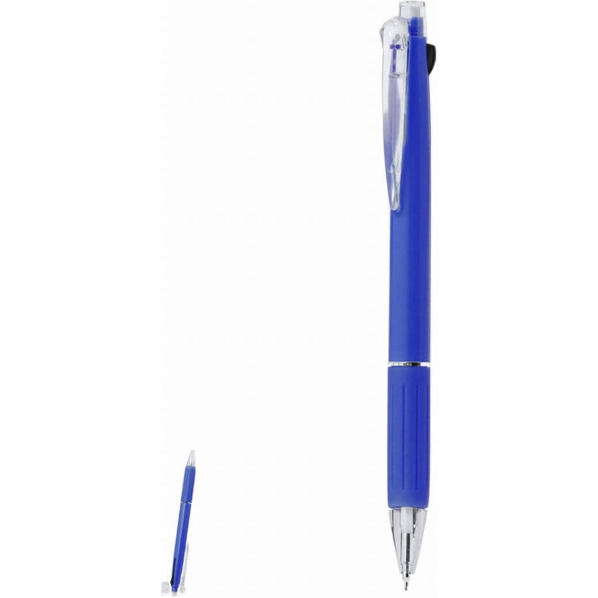 A blue pen with a transparent cap and grip, featuring a clip and a logo on the barrel.