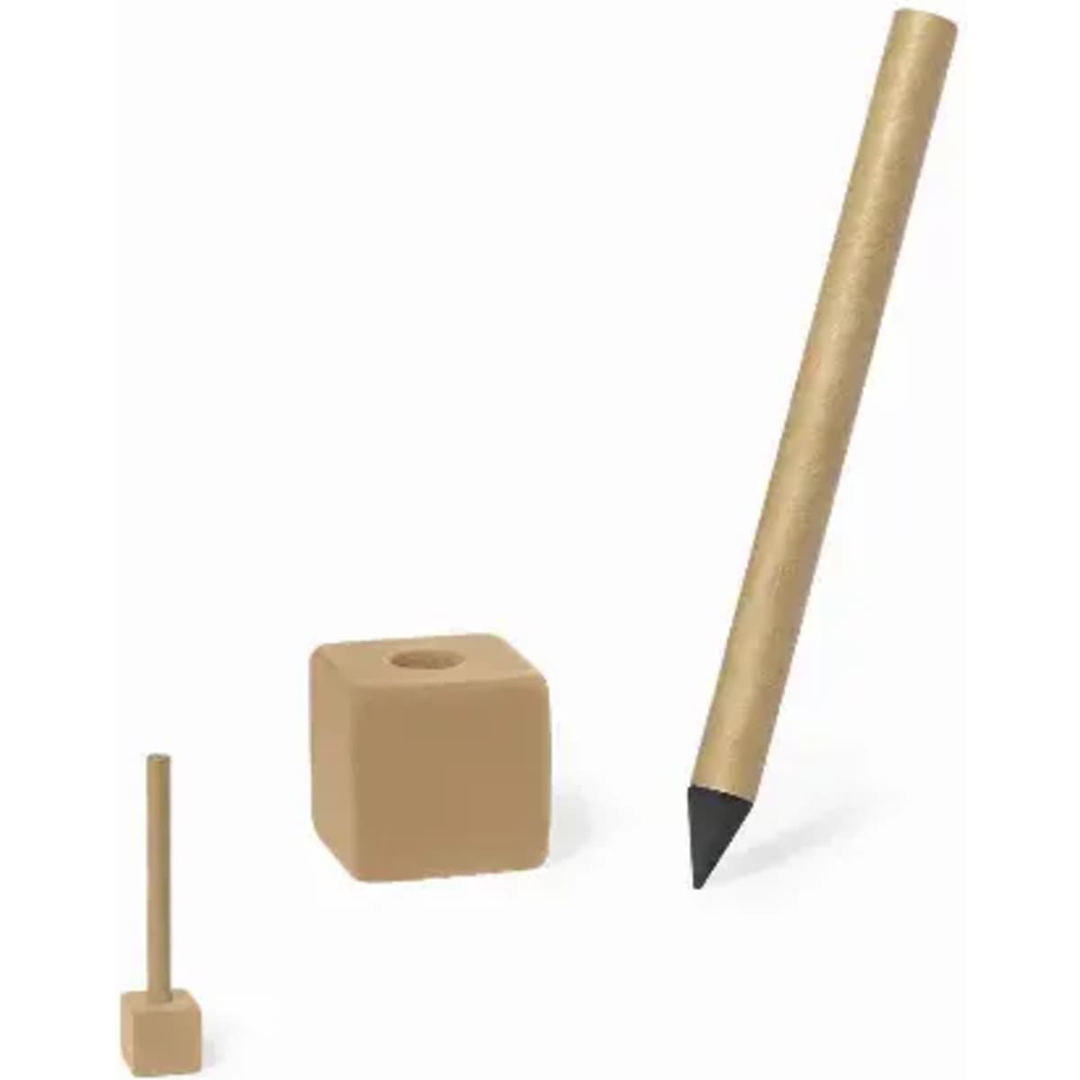 A set of three tan-coloured wooden geometric shapes: a cube, a small cylinder, and a pencil.