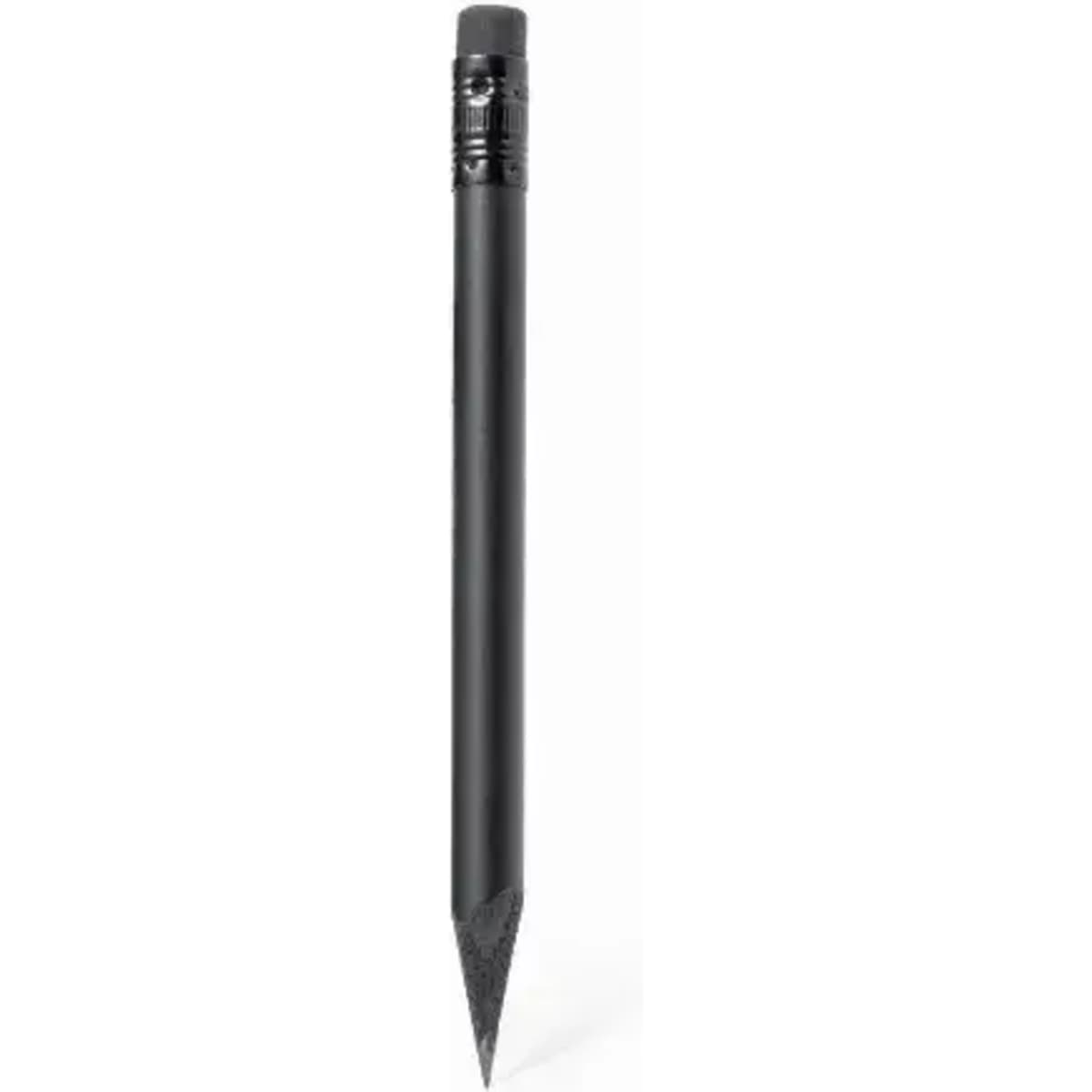 A black pencil with a sharpened tip, featuring a metal grip and a logo at the top.