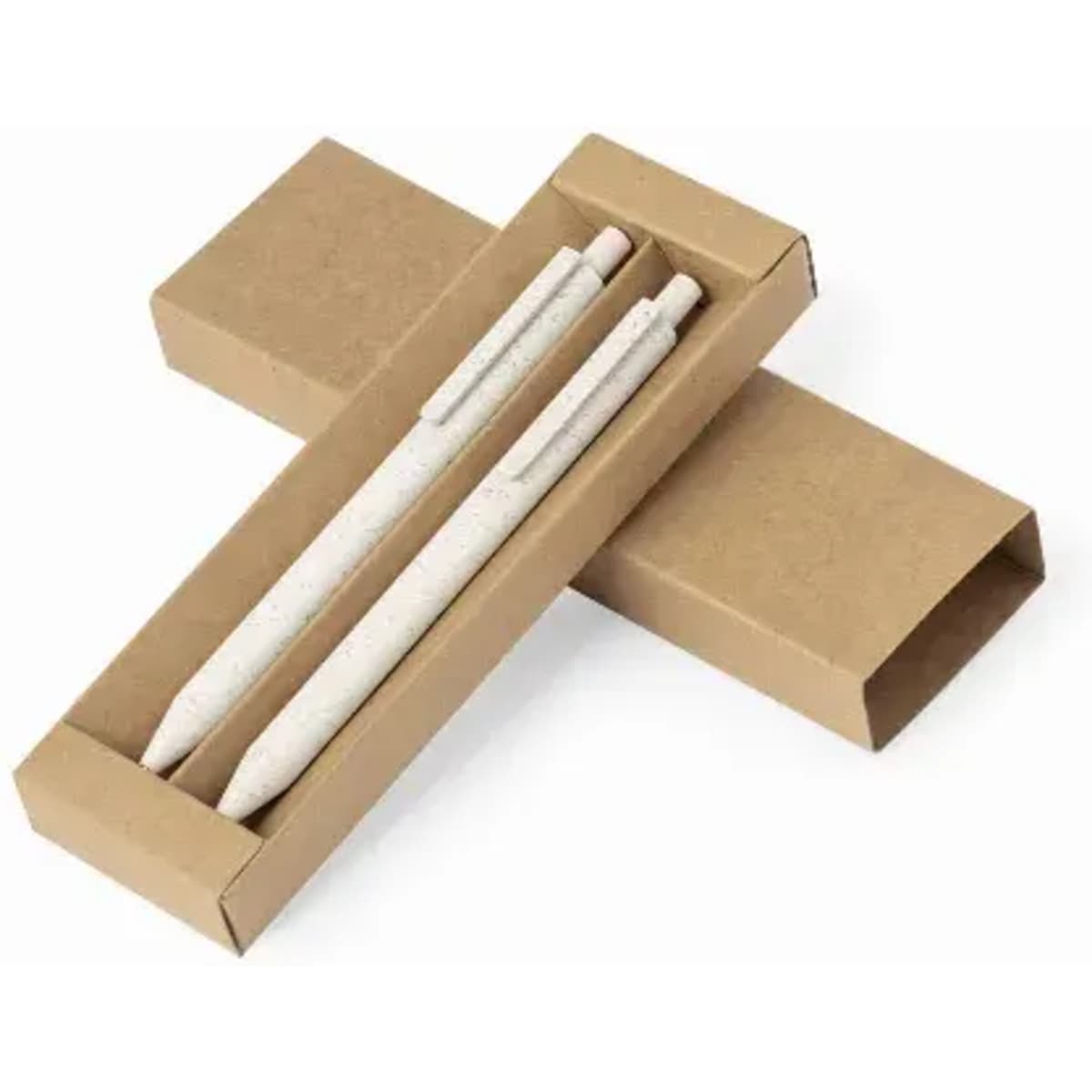 A boxed set of two eco-friendly pens in white, packaged in a simple brown cardboard box.