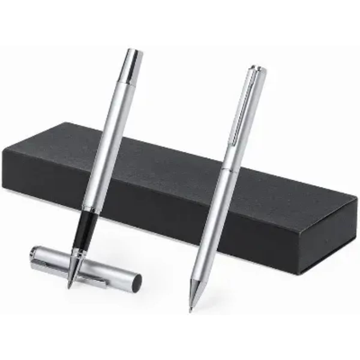 A set of silver pens displayed atop a black gift box. The pens have a sleek design and feature a branding logo.