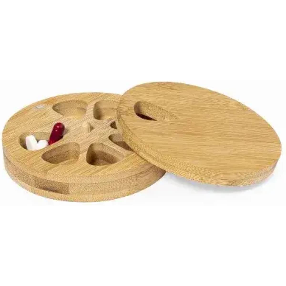 A wooden pill organiser with a circular design featuring compartments for tablets and a removable lid.