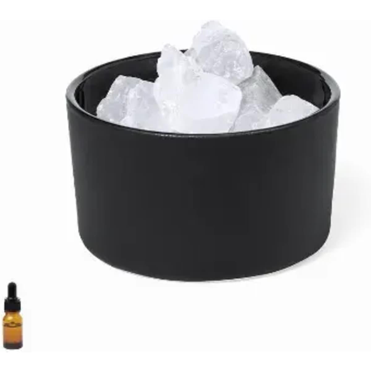 A black drink container filled with ice and a small amber glass dropper bottle beside it.