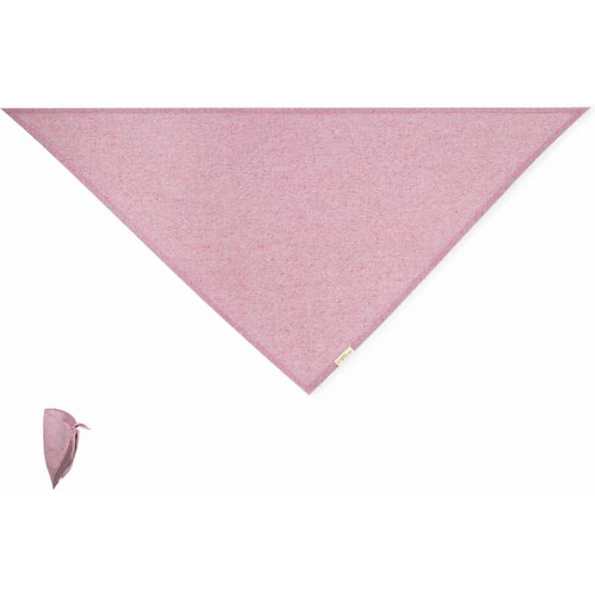 A pink triangular bandana made of soft fabric, featuring a small logo on one corner.