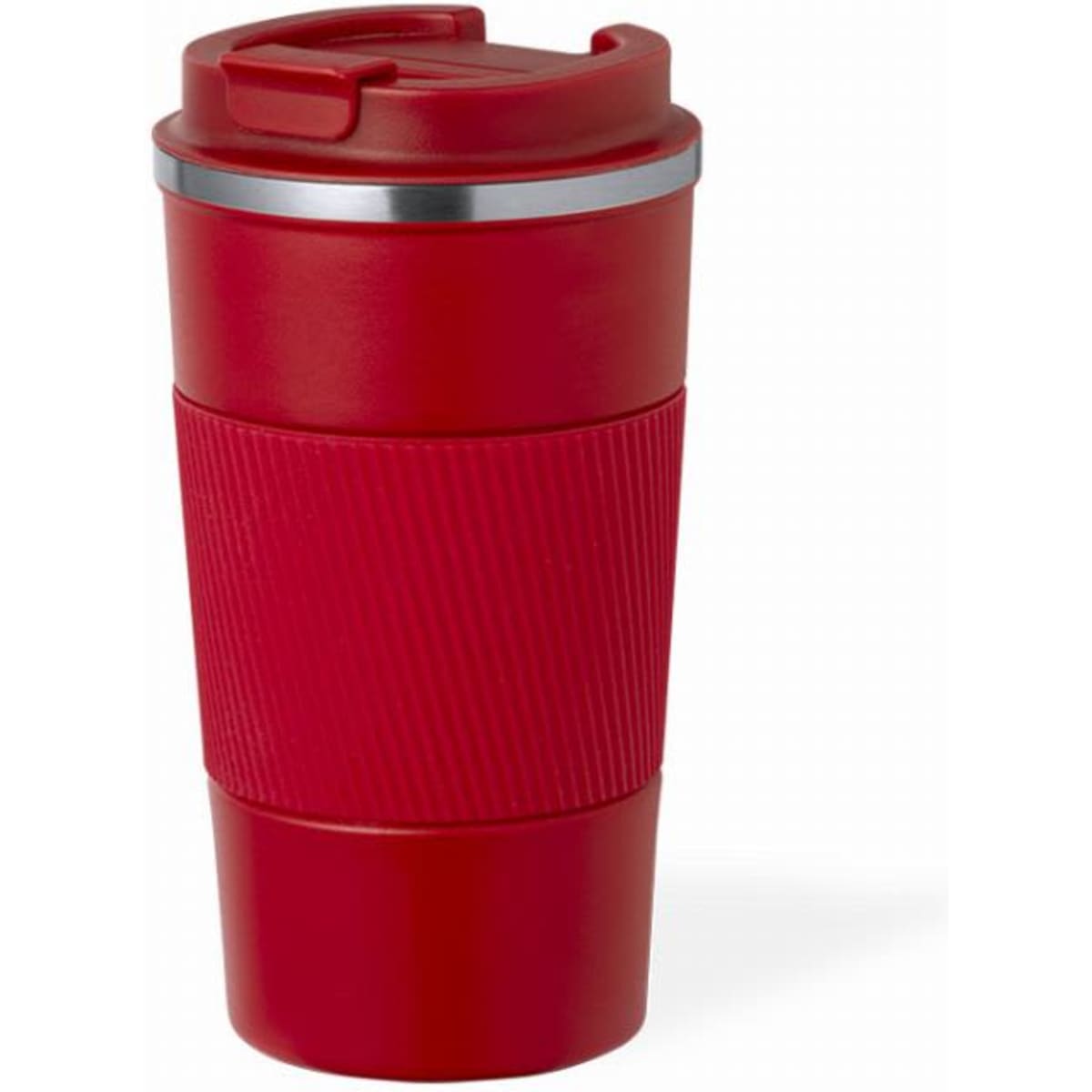 A drink bottle in red with a ribbed grip and a lid, featuring a silver band around the top.