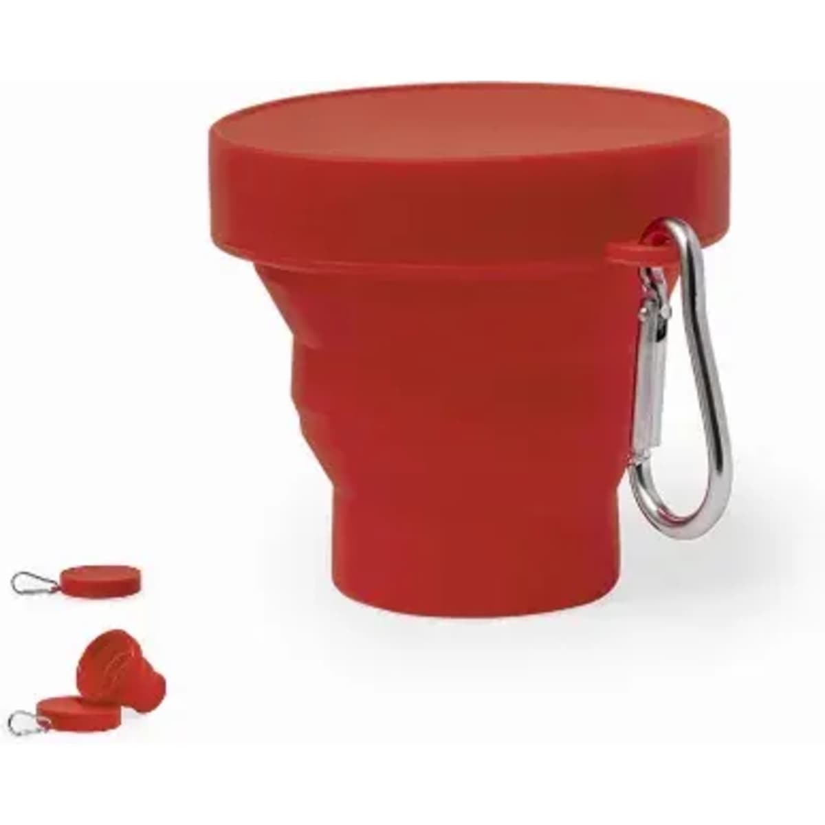 A red drink bottle with a lid and a metal carabiner, featuring a compact design.