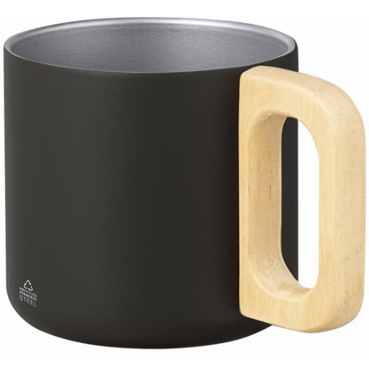 A drink bottle in matte black stainless steel with a wooden handle. It has a cylindrical shape and a shiny interior.